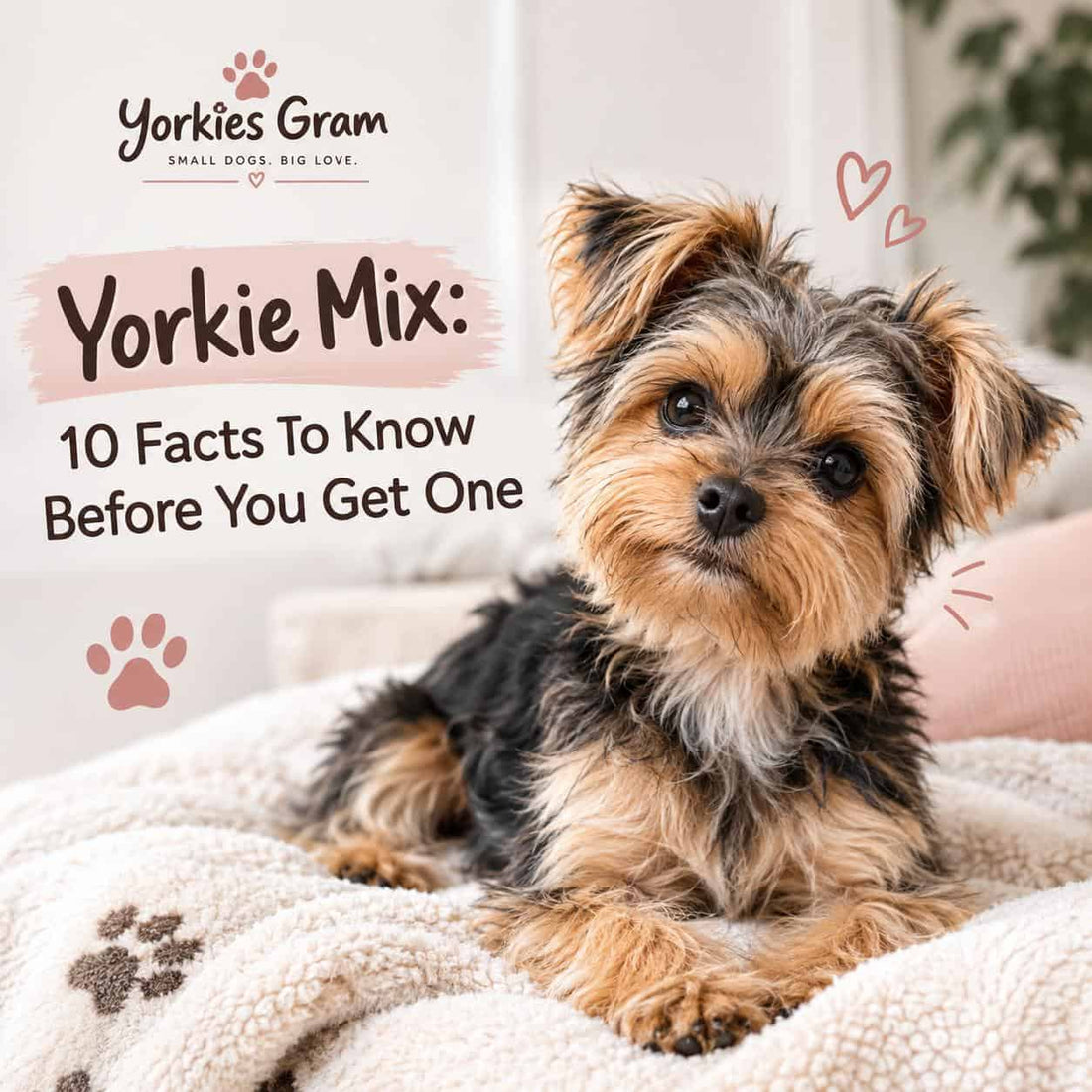 Cute Yorkie Mix puppy lying on blanket with text overlay about Yorkie facts.
