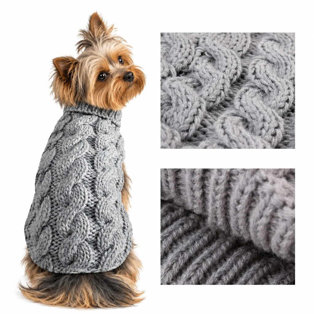 Yorkie wearing the gray soft cable-knit sweater