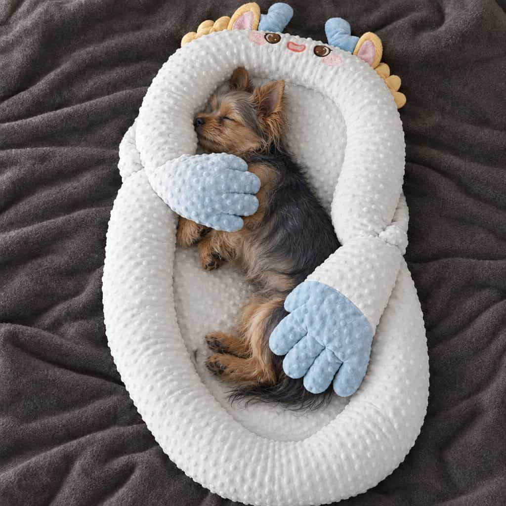 Yorkie sleeping in the blue dragon patting bed, hugged by its plush arms
