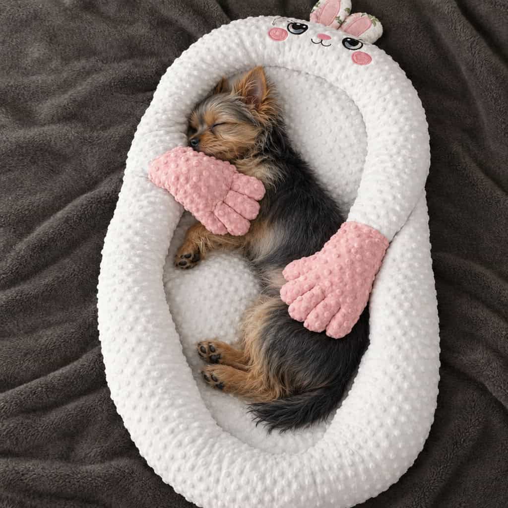 Yorkie sleeping in the pink bunny patting bed, hugged by its plush arms