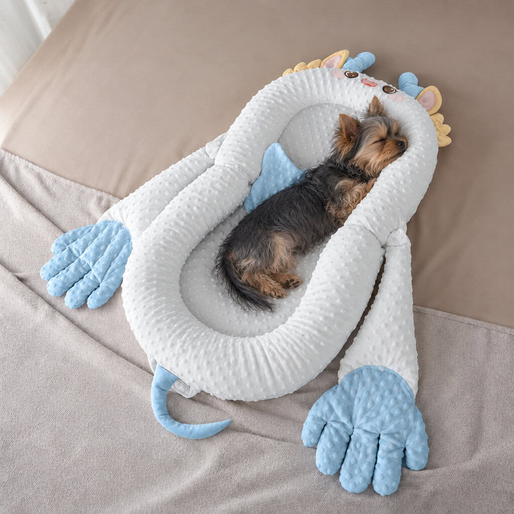 Yorkie napping in the blue dragon patting bed