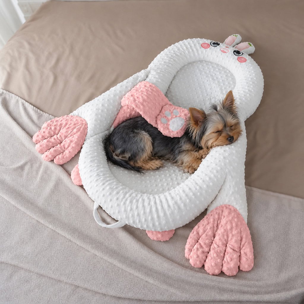Yorkie napping in the pink bunny patting bed