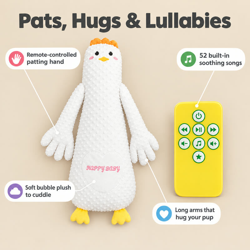 Patting pillow features: remote-controlled patting hand, 52 soothing songs, soft bubble plush, long hugging arms
