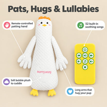 Patting pillow features: remote-controlled patting hand, 52 soothing songs, soft bubble plush, long hugging arms