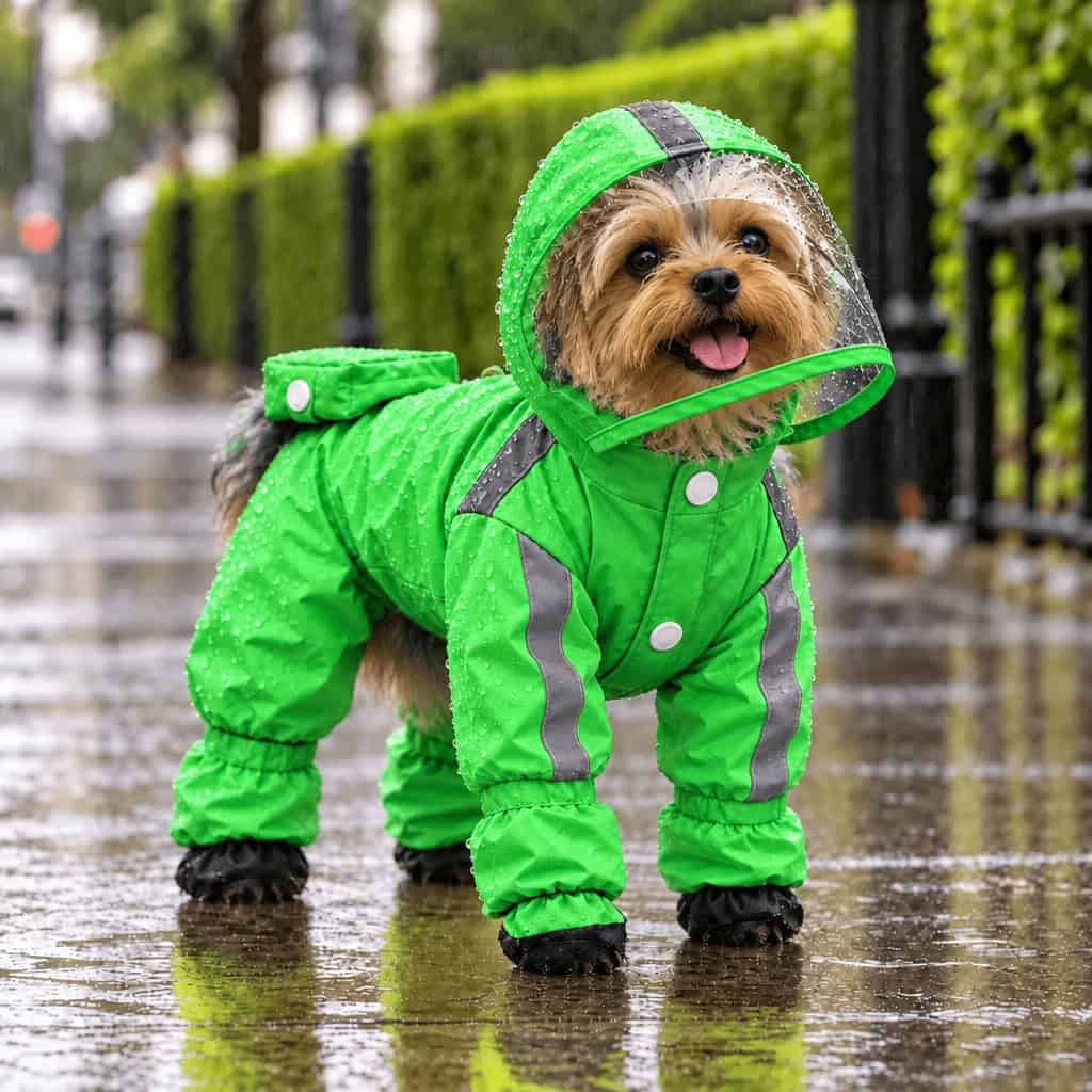 Yorkie wearing the lime green 4-paw raincoat on a rainy sidewalk