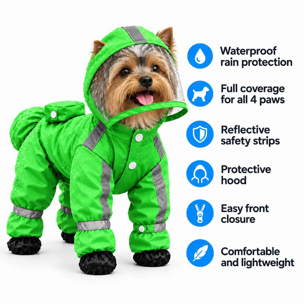 4-paw Yorkie raincoat features: waterproof, full coverage for all 4 paws, reflective strips, hood