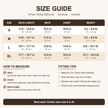 4-Paw Yorkie Raincoat size chart S to XL - back length, neck, chest and weight