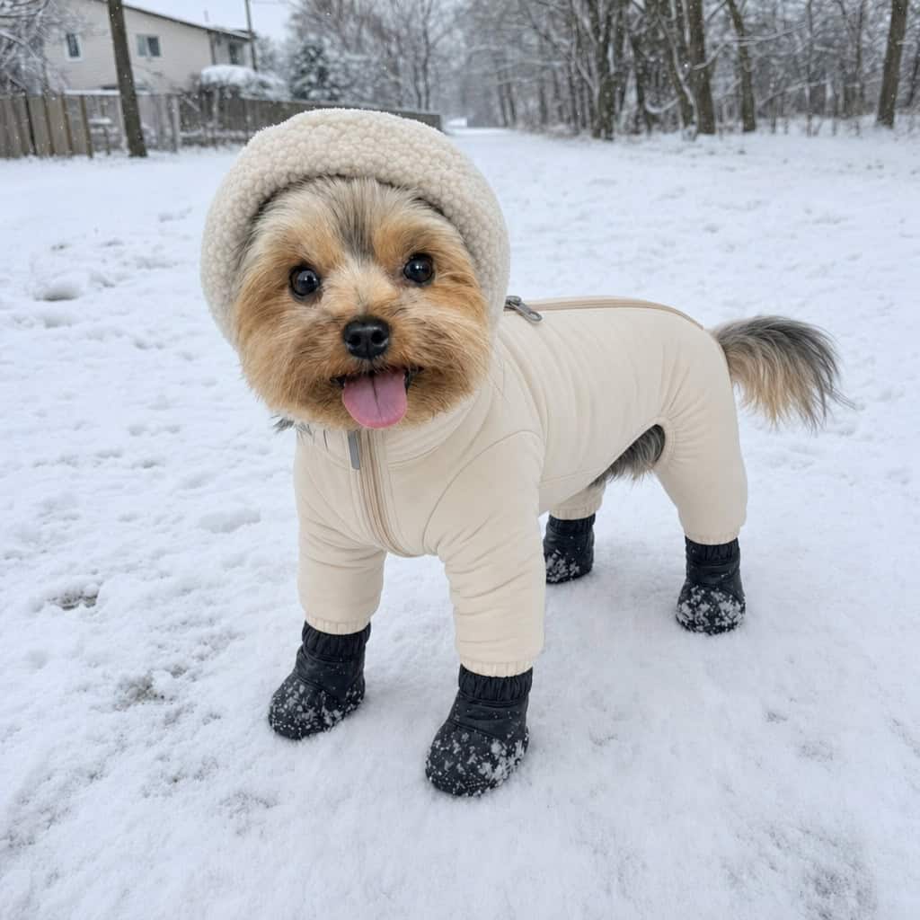 Yorkie wearing the cream hooded winter snowsuit with snow boots in the snow