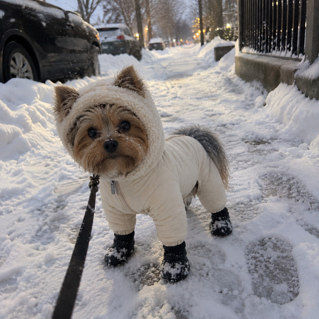 Yorkie in the winter snowsuit on a snowy sidewalk walk