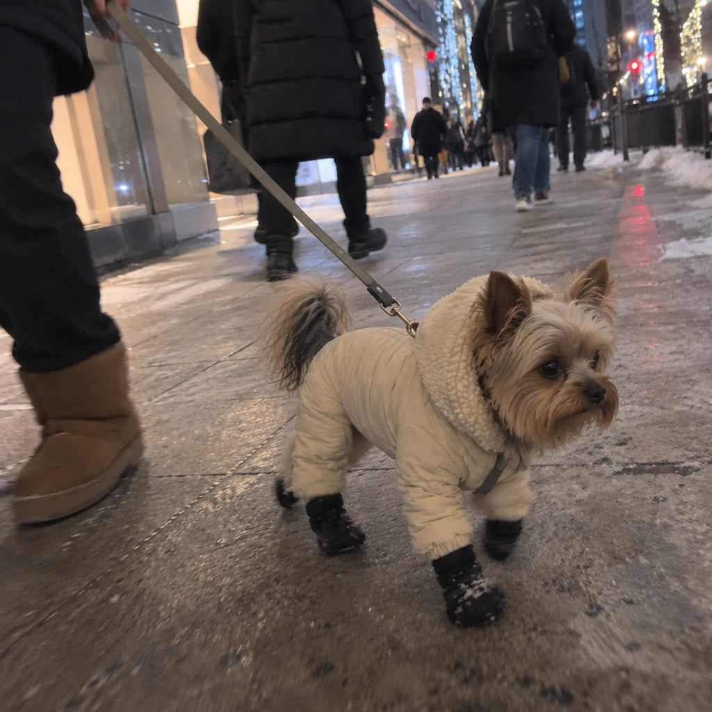 Yorkie walking on a leash in the winter snowsuit in the city