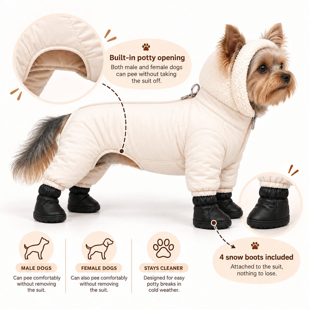 Yorkie winter snowsuit features: built-in potty opening and 4 attached snow boots