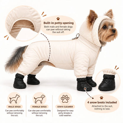 Yorkie winter snowsuit features: built-in potty opening and 4 attached snow boots