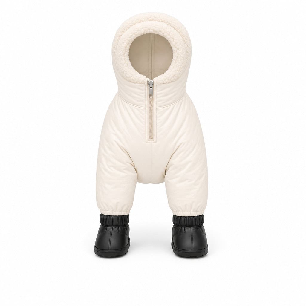 Yorkie winter snowsuit front view with hood and 4 snow boots