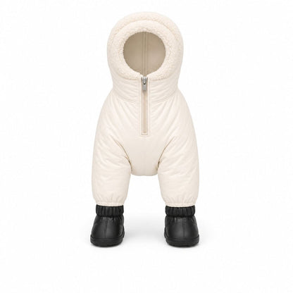 Yorkie winter snowsuit front view with hood and 4 snow boots