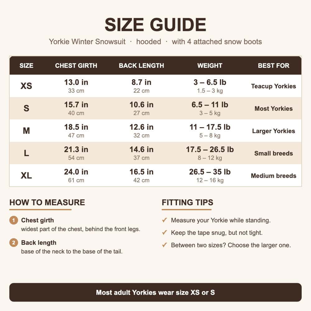 Yorkie winter snowsuit size chart XS to XL - chest girth, back length and weight