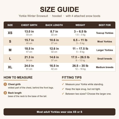 Yorkie winter snowsuit size chart XS to XL - chest girth, back length and weight